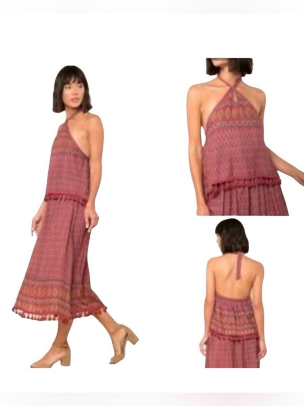 RAGA Anthropologie BOHO Halter Midi Dress Ikat Print with Tassels Burgundy  Med